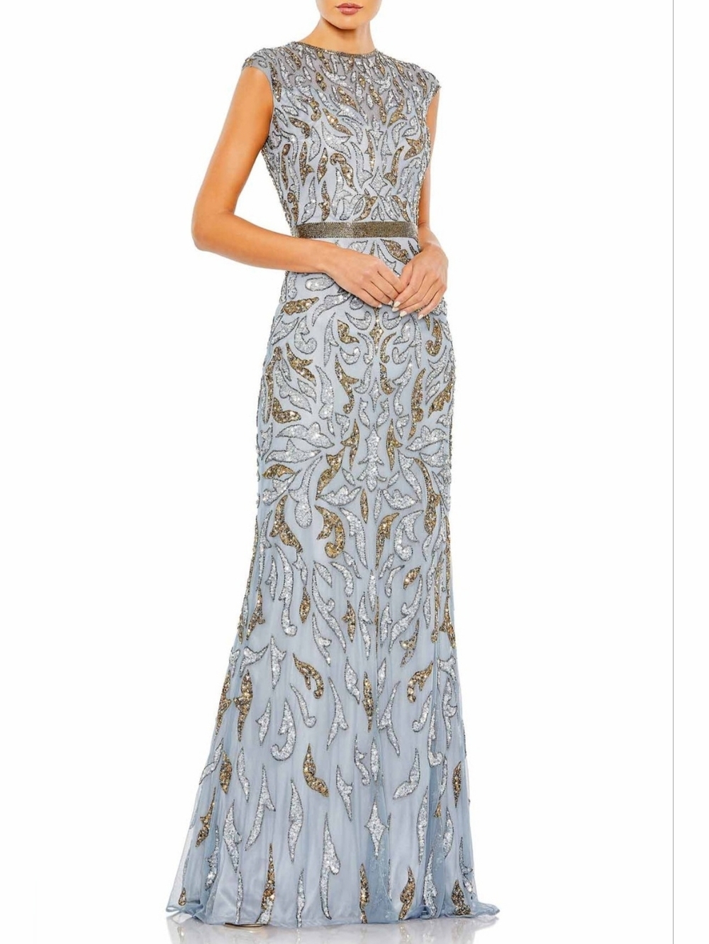 New Mac Duggal Silver-Gray Sequin Embellished Evening Gown with Gold Accents 10